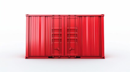 A bright red shipping container with double doors closed, isolated on a white background