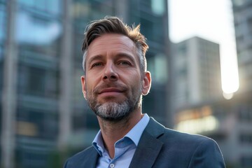 Fototapeta premium A man in a suit and tie stands in front of a tall building, generative ai image