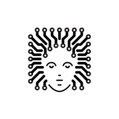 Ai Concept. Artificial intelligence icon, sign or emblem. Head with an electronic circuit in black and white a graphic line art style. Robot head as a processor for a board. Vector illustration