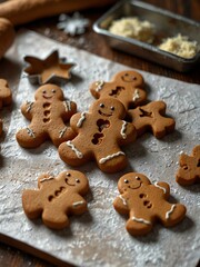 Preparing gingerbread cookies in the shape of gingerbread men, with raw dough and cut-out figures, close-up view of texture and metal pastry cutter.