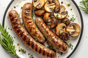 Grilled bratwurst sausages with mushrooms on a white plate, top view.