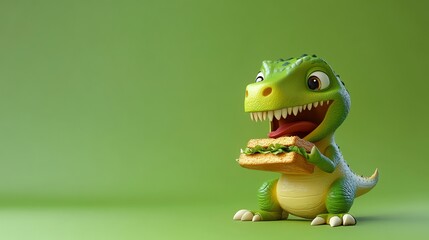 Fototapeta premium A cute cartoon dinosaur eating a sandwich on a green background.