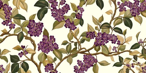 Vibrant floral pattern featuring purple blossoms and green leaves. Ideal for textile design, wallpaper, or decorative projects. This elegant style adds beauty and charm to any space. AI