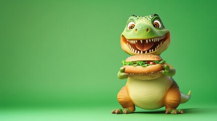 A cartoon dinosaur holding a hamburger.