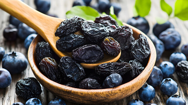 Dried prunes in a wooden bowl with fresh blueberries scattered on a rustic wooden table