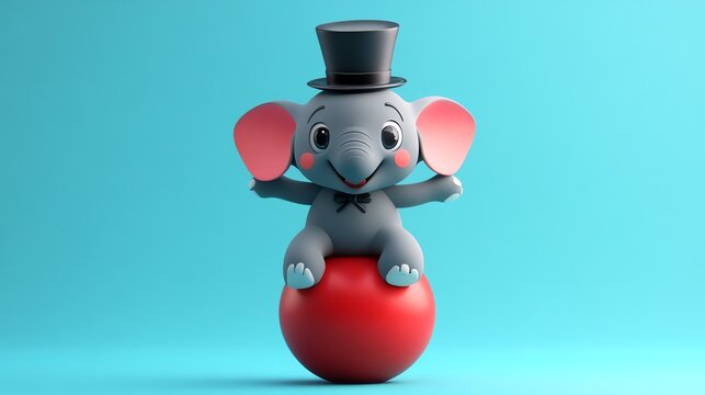 Cute cartoon elephant balancing on a red ball.