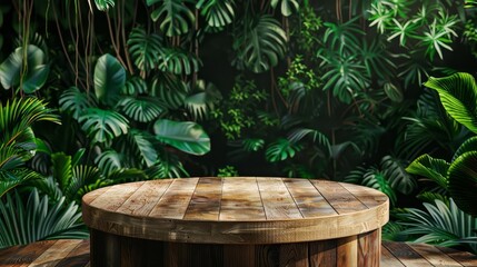 Obraz premium wooden podium presentation in lush tropical rainforest vibrant green foliage backdrop product display 3d rendering