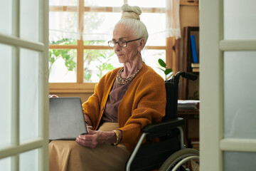 Elderly woman sitting in wheelchair using laptop in study with natural light from window and plants in background creating serene atmosphere