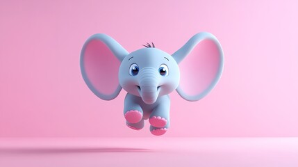 Naklejka premium A cute cartoon baby elephant jumps in the air against a pink background.