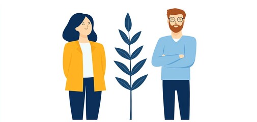 Illustration of a woman and a man standing beside a leaf, symbolizing nature, growth, and companionship in a modern design.