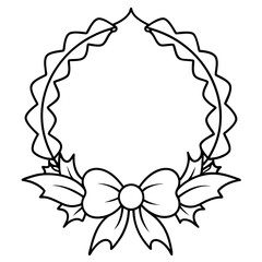 A circular wreath with holly, berries, and ribbon, using flowing lines to represent the leaves and bow