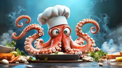 Obraz premium A cartoon octopus wearing a chef's hat prepares a meal with steam rising from a pot.