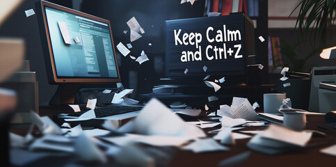 Papers fly across a desk crowded with computer monitors, capturing a moment of chaos while humorously encouraging to Keep Calm and Ctrl+Z in the background