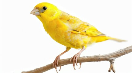 yellow canary bird portrait perched on branch isolated on white