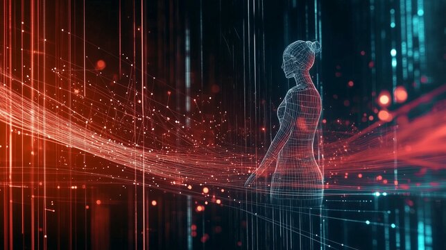 Silhouette Wireframe intelligenza artificiale AI in una rete di dati fluttuante, rappresentazione visiva del flusso di informazioni e connessione tra umanità e tecnologia avanzata.