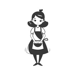 A smiling woman wearing an apron and holding a bowl
