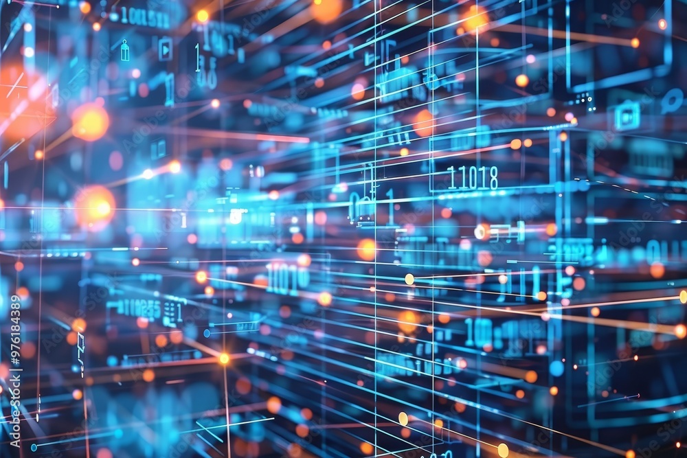 Poster colorful light trails and data streams create an abstract visualization of digital technology, empha