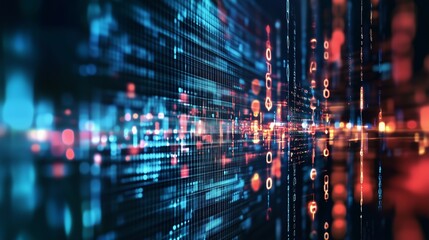 Flussi digitali in movimento connessi da una rete blu, verde e rossa che simboleggia l'innovazione e la complessità del mondo cibernetico e virtuale.