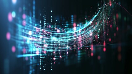 Flussi digitali in movimento connessi da una rete blu, verde e rossa che simboleggia l'innovazione e la complessità del mondo cibernetico e virtuale.