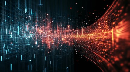 Flussi digitali in movimento connessi da una rete blu, verde e rossa che simboleggia l'innovazione e la complessità del mondo cibernetico e virtuale.