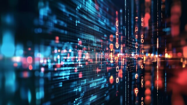 Flussi digitali in movimento connessi da una rete blu, verde e rossa che simboleggia l'innovazione e la complessit&agrave; del mondo cibernetico e virtuale.