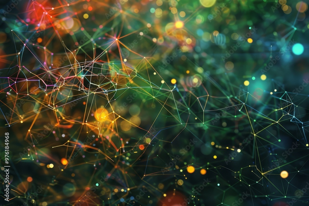 Fototapete A dynamic array of glowing connections forms a visually striking pattern, with colorful dots and lines intertwining, creating a mesmerizing effect in a dark environment.