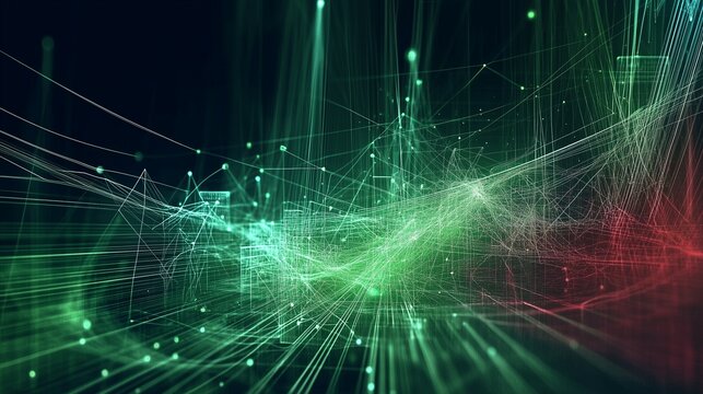 Flussi digitali in movimento connessi da una rete blu, verde e rossa che simboleggia l'innovazione e la complessit&agrave; del mondo cibernetico e virtuale.