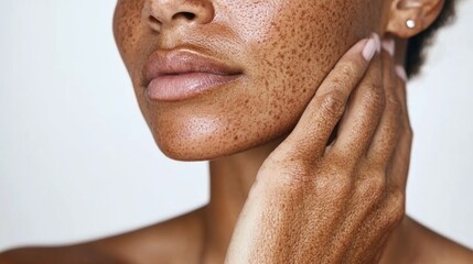 Fototapeta premium A woman with striking freckles touches her neck lightly, revealing her natural skin texture in a bright, minimalistic environment that enhances her features