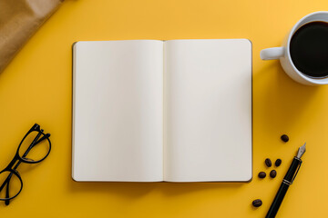 Blank notebook open page on yellow table with coffee