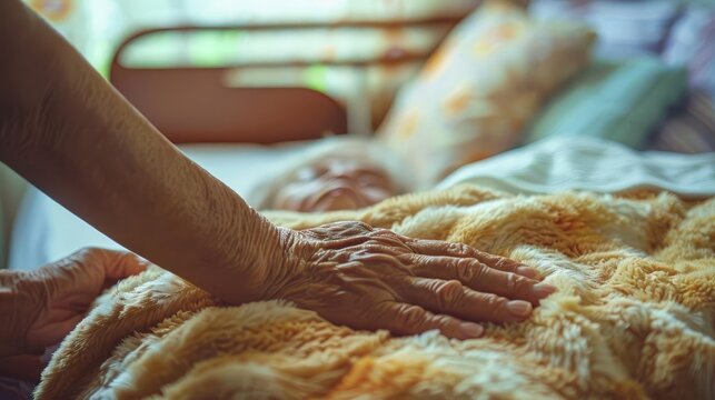 young hand touching old hand on bed helping and caring for elderly end of life support and solidarity