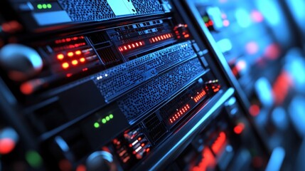 Obraz premium Several servers are lined up in a data center, displaying bright lit indicators. The atmosphere is illuminated by vibrant blue and red lights, creating a high-tech ambiance