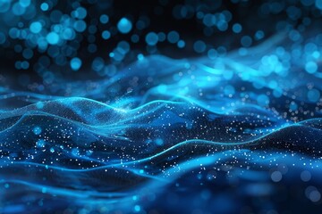 Fototapeta premium The scene captures tranquil blue waves adorned with glistening particles, evoking a calm underwater environment filled with soothing energy at night.
