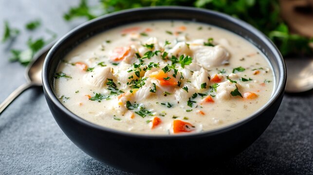 A bowl of creamy crab chowder with fresh herbs, resting on a stone countertop with a coastal cottage kitchen in the background