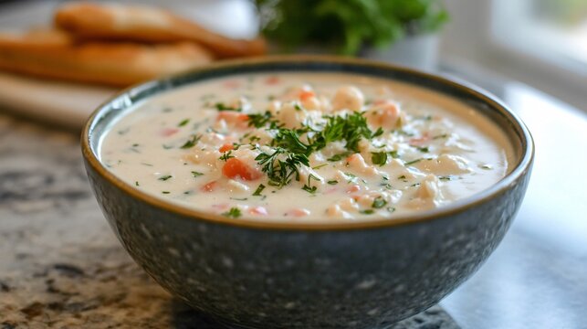 A bowl of creamy crab chowder with fresh herbs, resting on a stone countertop with a coastal cottage kitchen in the background