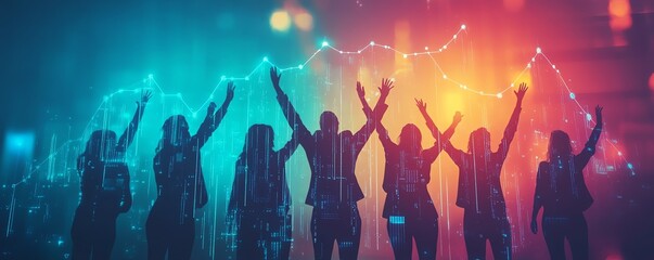 A vibrant celebration of unity with silhouettes raising hands against colorful lights, symbolizing joy and togetherness.