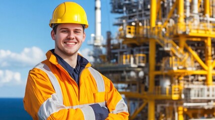 Wearing a safety helmet and bright orange uniform, a young worker smiles proudly at an offshore oil rig