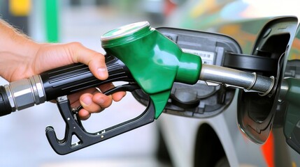 A hand holds a green fuel nozzle as it is inserted into a vehicle's gas tank at a gas station, bright daylight highlighting the refueling process