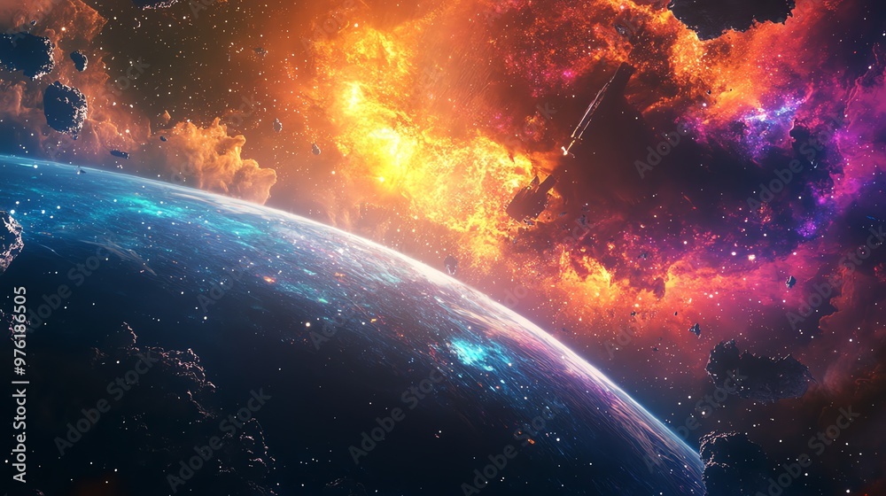 Wall mural a vibrant and colorful view of a planet in space with a fiery nebula in the background.