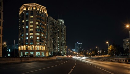 Residential building and road at night in Moscow.
