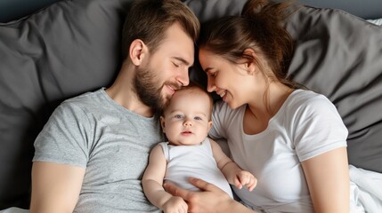 A young couple smiles lovingly at their baby while lying in bed, creating a warm and tender atmosphere. Soft sunlight filters in, enhancing their intimate bond