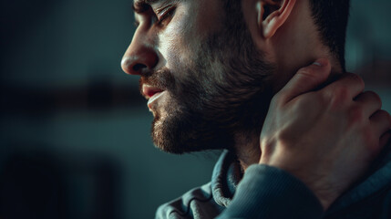Portrait of frowning bearded man rubbing neck against dark background. Man with a pain in the neck. AI generated