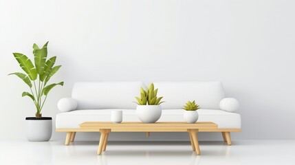 This cozy living room showcases a white sofa paired with a minimalist wooden coffee table. Potted plants add a touch of greenery, enhancing the bright, airy atmosphere of the room