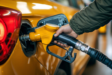 man pumping gasoline fuel in car at gas station