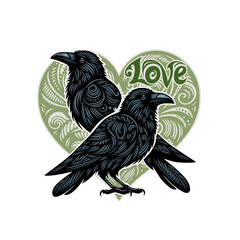  A vector design featuring two ravens with the text "Love" above them, in a Valentine's Day theme. The design is surrounded by love heart patterns and filigree.