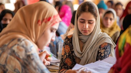 Social workers assisting refugees with paperwork in a crowded office, expressions of relief and gratitude, sense of guidance and support, focus on legal assistance and integration into society