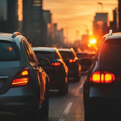 Urban traffic jam at sunset with cars lined up against a vibrant city skyline