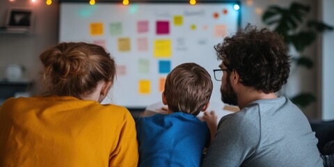 Obraz premium A family of three, seen from behind, sits together and engages in a brainstorming session using colorful sticky notes on a whiteboard, under warm fairy lights.