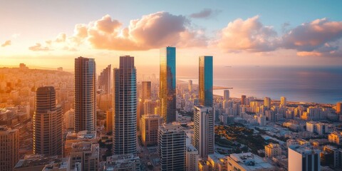 Fototapeta premium Stunning city skyline at sunset with skyscrapers and sea view from mountain peak