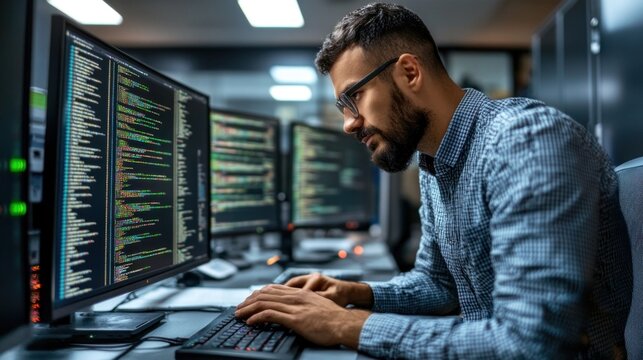 A software developer sits intently at a desk with several computer monitors displaying lines of code, working late in a contemporary office environment filled with technology