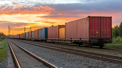 Fototapeta premium A long container train glides along tracks as the vibrant sunset paints the sky with hues of orange and purple, highlighting the peaceful rural landscape